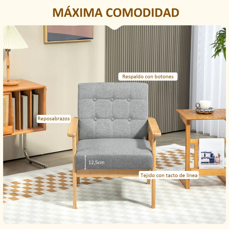 HOMCOM Butaca de Salón Tapizada en Lino con Reposabrazos y Marco de Madera de Caucho Carga 130 kg Gris Claro