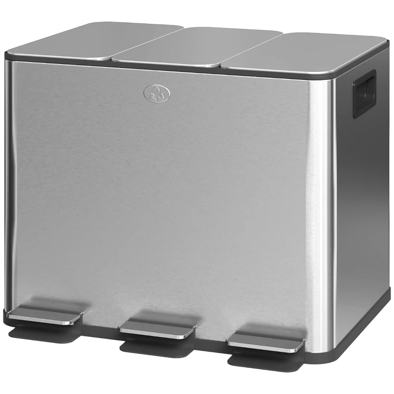 HOMCOM Papelera Cocina de Acero Inoxidable con 3 Compartimentos 3x10L con Pedales Tapas de Cierre Suave y Cubo Extraíble Plata