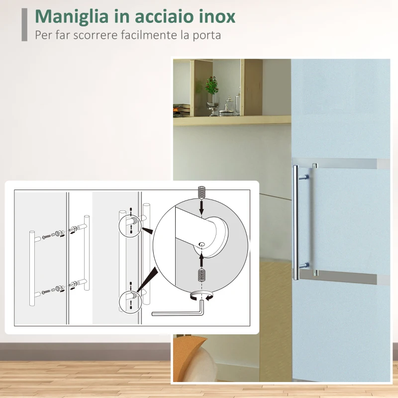 HOMCOM Porta Scorrevole Interna in Vetro Smerigliato e Satinato con Binario B2 e Maniglia per Bagno Cucina Studio Vetro 205x 102.5x 0,8cm