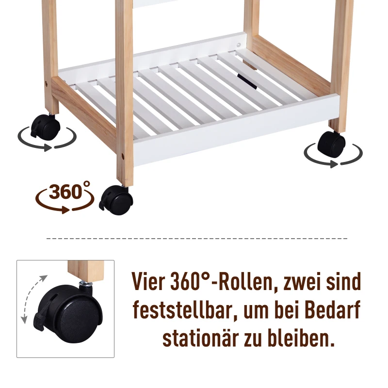 HOMCOM Küchenwagen Rollwagen mit 3 Ebenen Servierwagen mit abnehmbarem Tablett, Küchenregal auf Rollen, Küchenrollwagen für Küche Bad Büro Wohnzimmer Weiß + Natur
