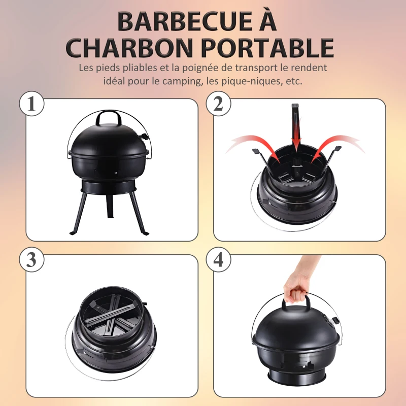 Outsunny Barbecue à charbon ronde portable barbecue de jardin résistant avec couvercle métal 36,5 x 36,5 x 54 cm noir