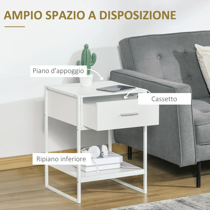 HOMCOM Set 2 Comodini Moderni, 2 Comodini da Camera da Letto e Soggiorno, con Cassetto e Ripiano Aperto, Design Moderno, in MDF e Acciaio, 45x40x60cm, Bianco