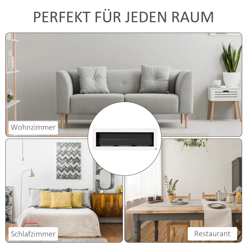 HOMCOM Ethanol-Kamin Bio-Ethanol-Brenner 3 Brennboxen 1L 3 Std. Brenndauer 2000W kein Rauch wandmontiert Stahl gehärtetes Glas Weiß 120 x 15 x 40 cm