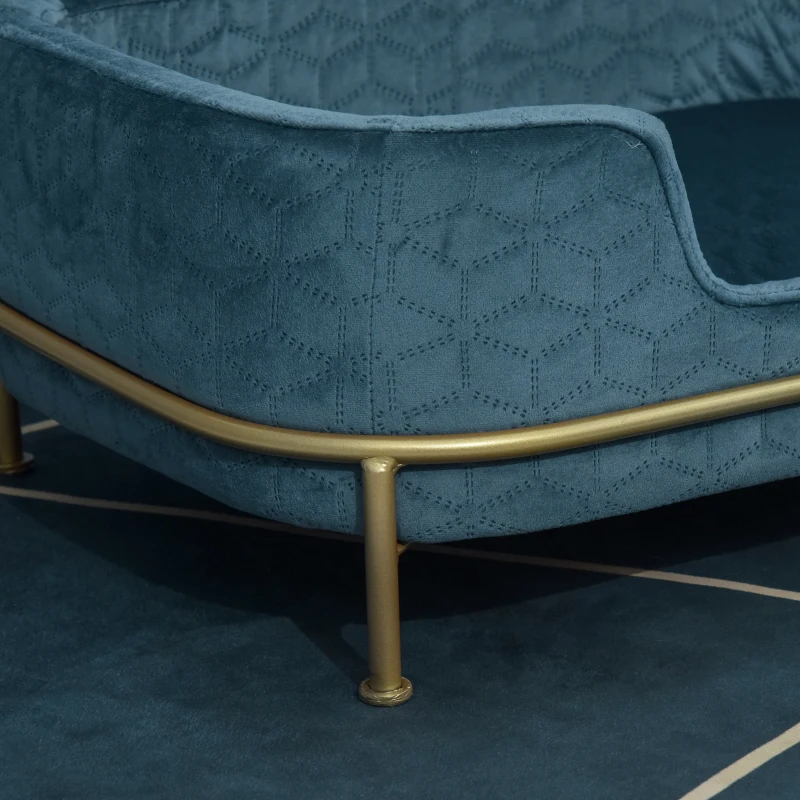 PawHut Sofá para Mascotas Tapizado en Terciopelo Cama para Perros y Gatos Pequeños con Cojín Suave Lavable Base de Metal y Bordes Elevados 63,5x43x24,5 cm Azul