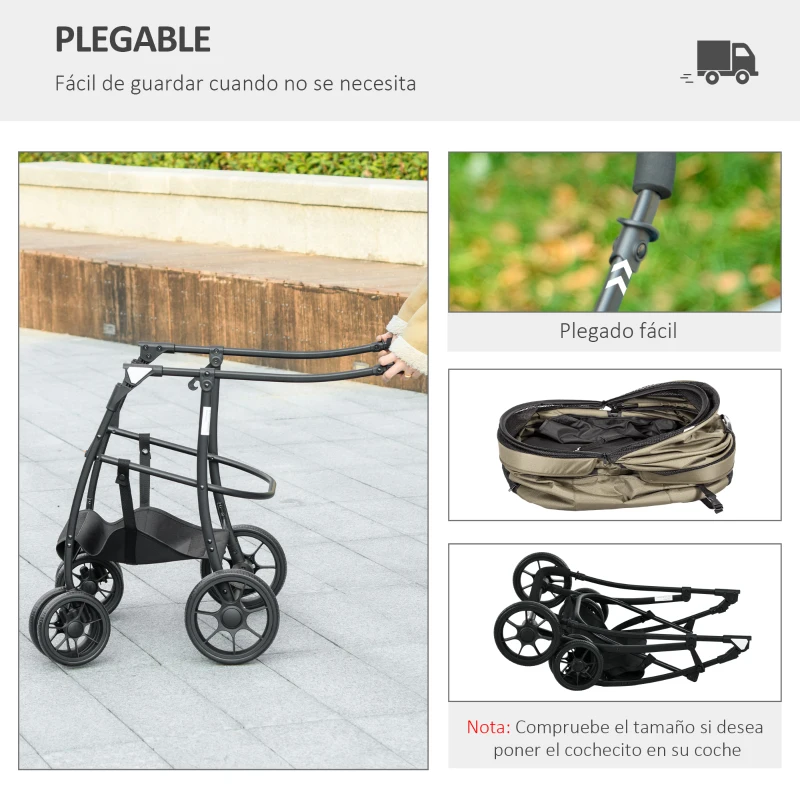 PawHut Carrito para Perros Plegable Cochecito para Mascotas con 2 Correas de Seguridad Cojín y Marco de Acero Caqui