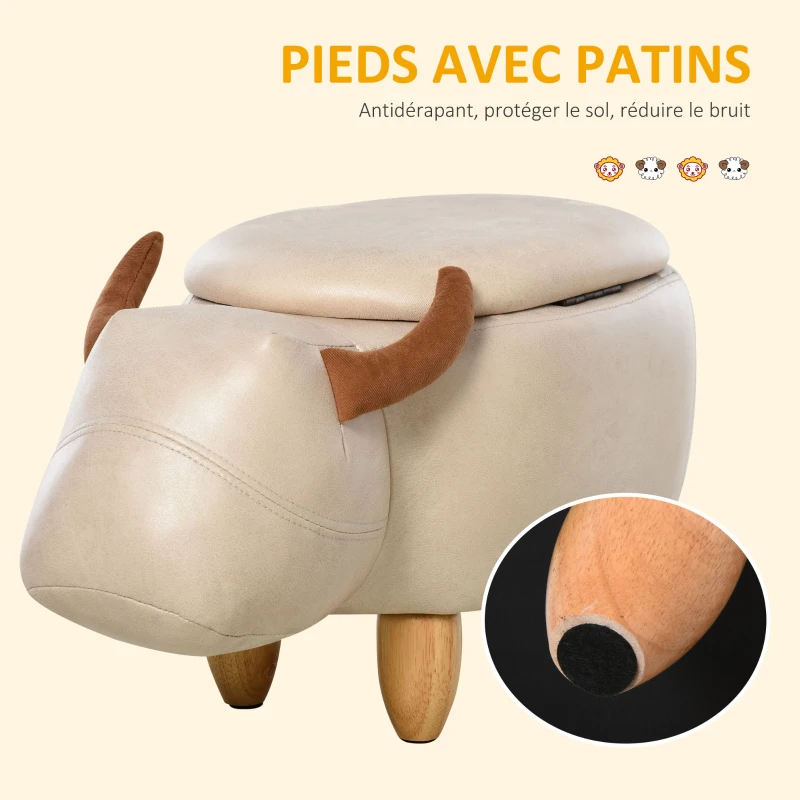 HOMCOM Tabouret Vache - Pouf Vachette - Pouf Taureau Coffre de Rangement 2 en 1 - Pieds Bois d'hévéa revêtement synthétique Aspect Crème