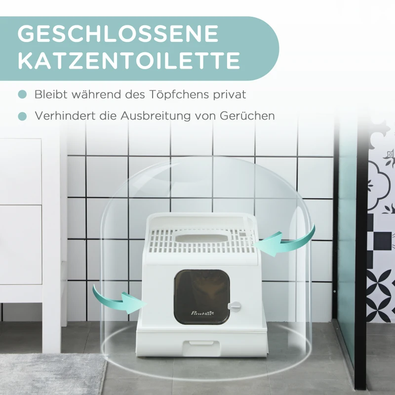 PawHut Katzentoilette mit Abdeckung inkl. Schaufel, Einstieg vorne und oben, Weiß + Grau