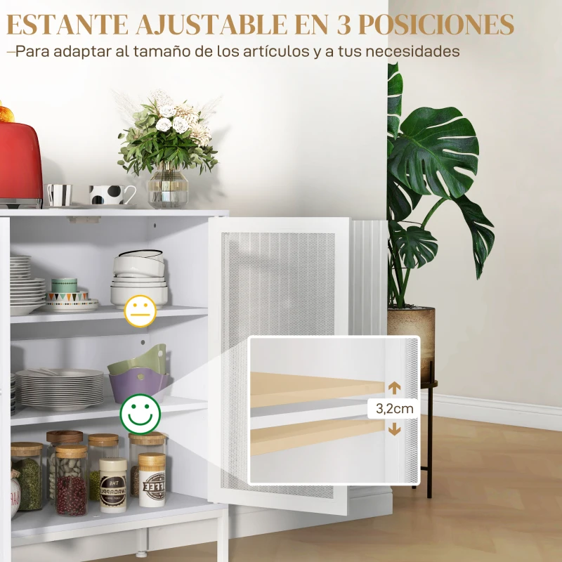 HOMCOM Aparador con 3 Estantes Mueble Auxiliar con Puertas de Rejilla Metálica y Estante Ajustable 80x37x92 cm Blanco