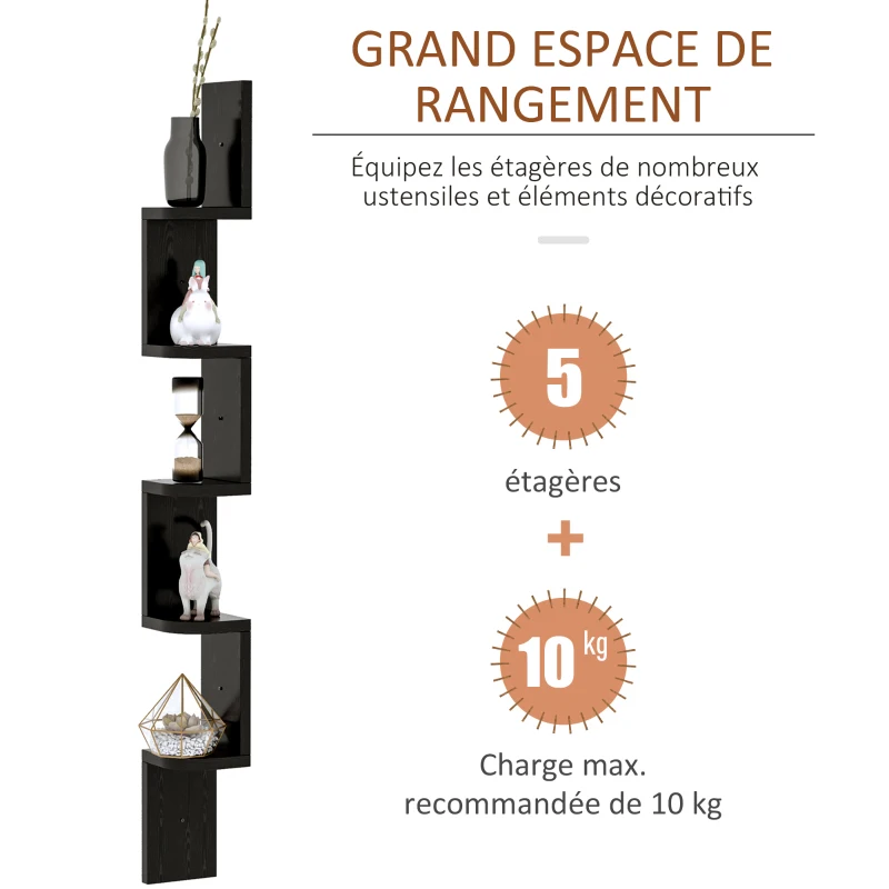 HOMCOM Étagère d'angle Murale à 5 Niveaux Hauteur 120 cm Forme de Zigzag en Bois Noire
