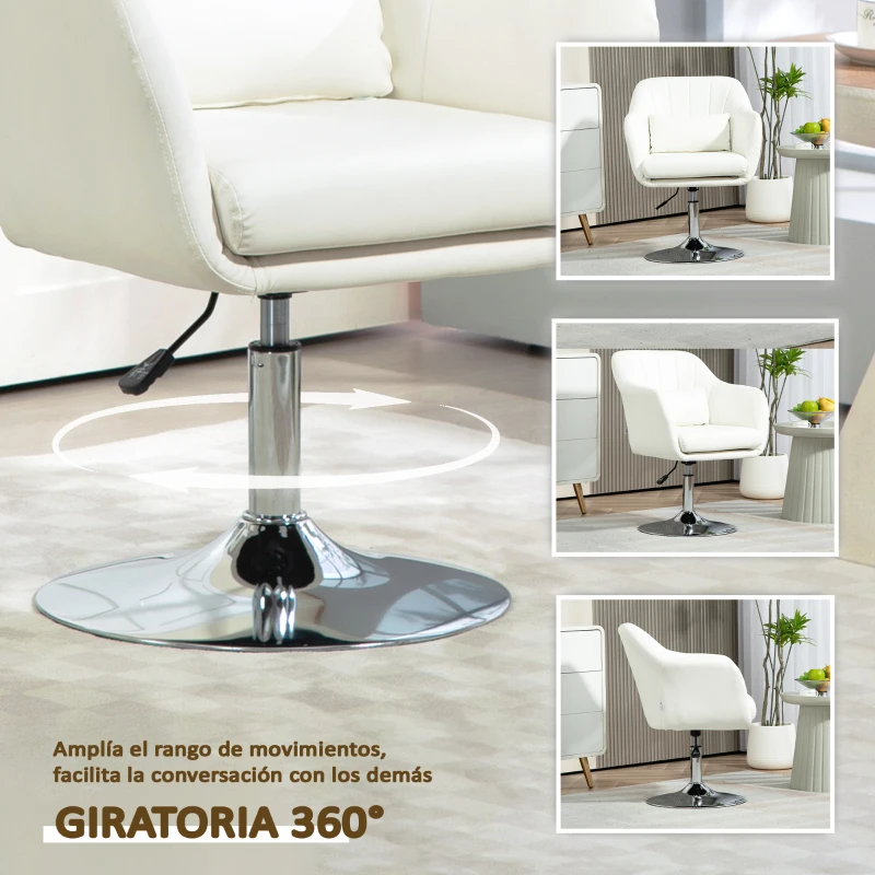 HOMCOM Sillón para Salón Giratorio 360° con Altura Ajustable Respaldo Envolvente Reposabrazos y Cojín 60x60x79-91 cm Blanco