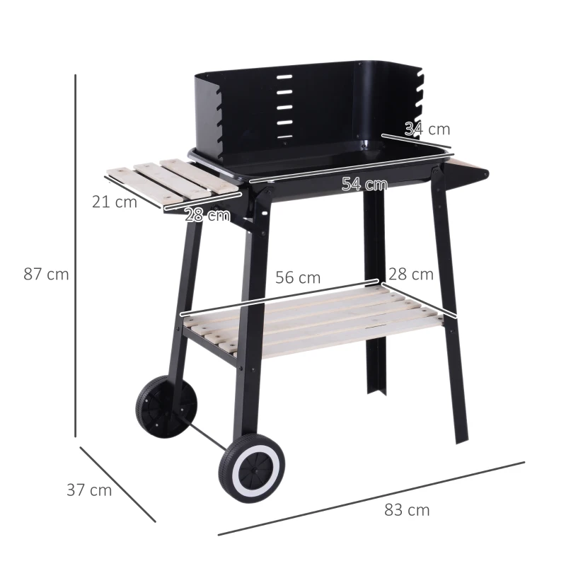 Outsunny Barbacoa de Carbón Vegetal BBQ con Altura de Parrilla Ajustable Estantes y Ruedas para Exterior 83x46x87 cm Negro
