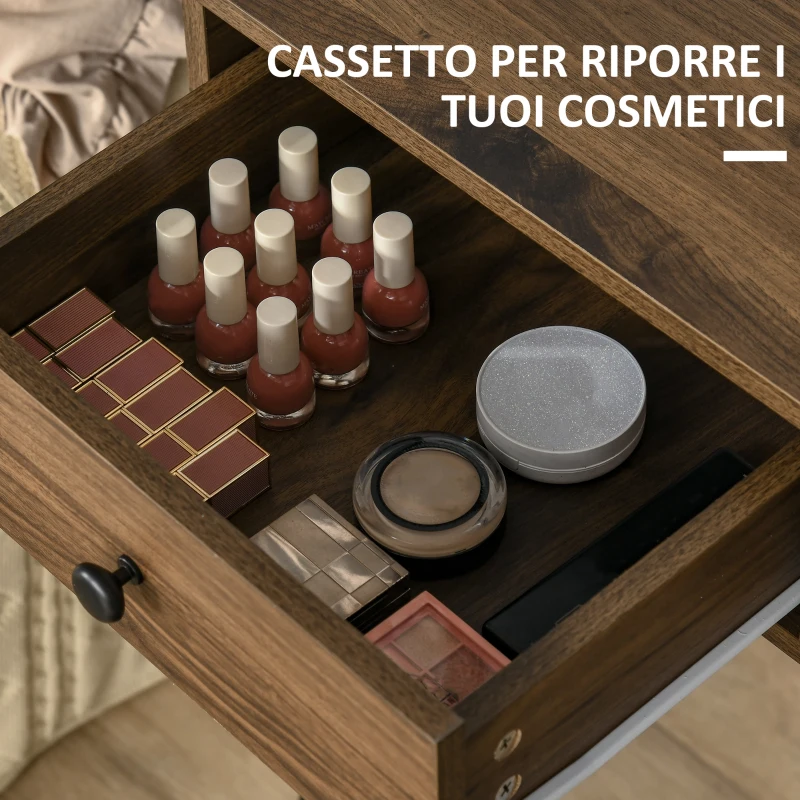 HOMCOM Set Tavolo per Trucco con Sgabello e Specchio Makeup, in Legno e Metallo, Color Noce