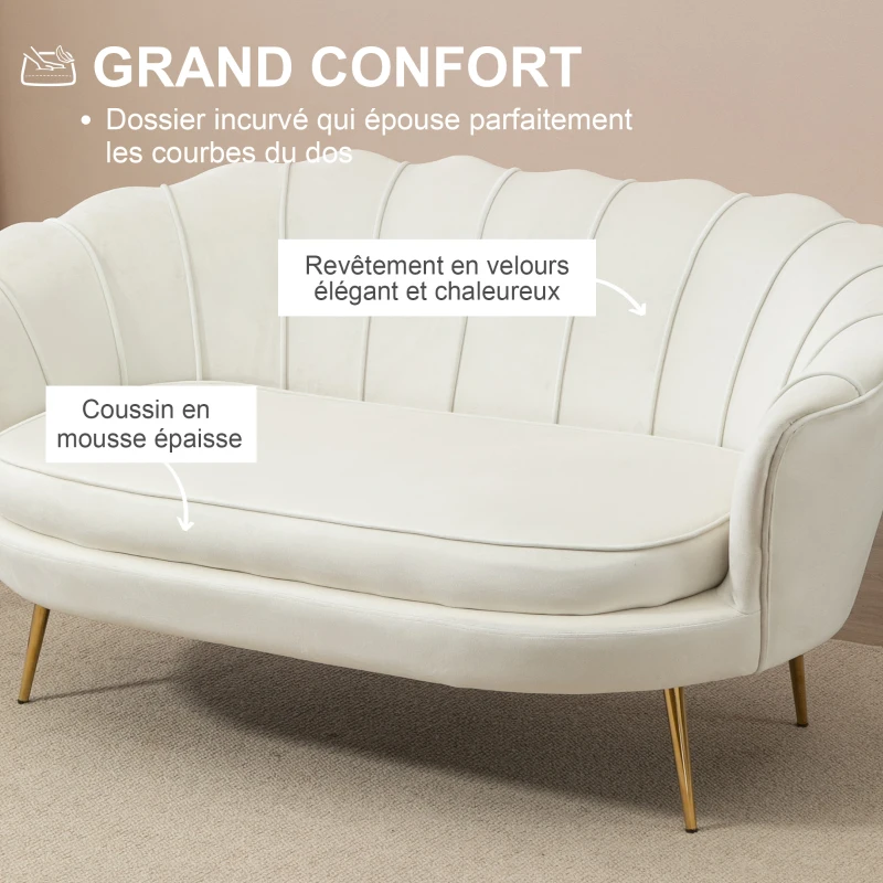 HOMCOM Canapé 2 places en tissu velours, petit canapé, en forme de coquillage, avec coussin épais de 10 cm, canapé, structure en métal, pieds dorés effilés, facile à assembler, crème