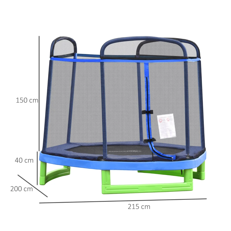 HOMCOM 7FT Kinder Trampolin mit Sicherheitsnetz Kleinkind-Trampolin für drinnen und draußen Fitnesstrampolin Gartentrampolin für 3-12 Jahre Kinder bis 80 kg Stahl Blau+Grün 215 x 200 x 190 cm