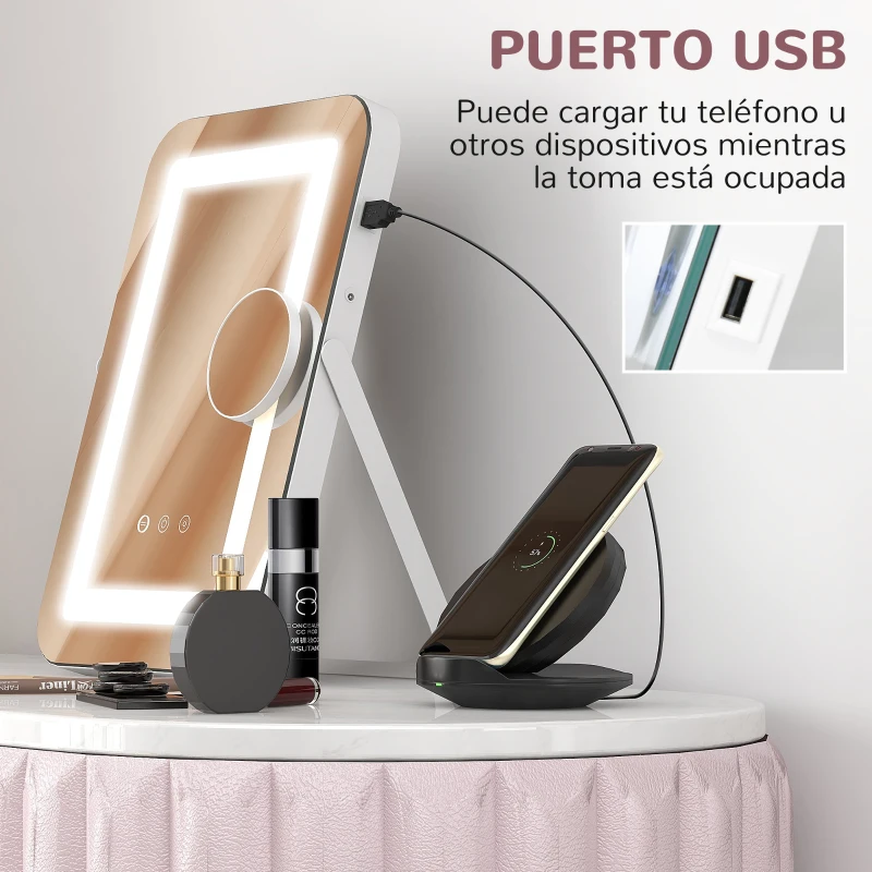 HOMCOM Espejo Tocador Giratorio 30x40 cm con 3 Modos de Iluminación Ajustables Interruptor Táctil Espejo de Aumento Blanco