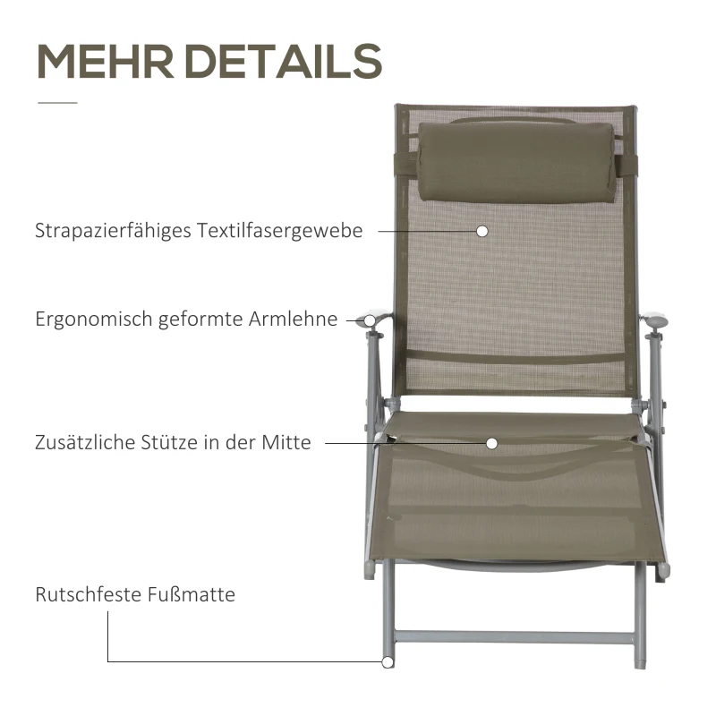 Outsunny Sonnenliege Strandliege Gartenliege Relaxliege klappbar mit Kissen Strand Metall+Stoff Khaki 137 x 63,5 x 100,5 cm