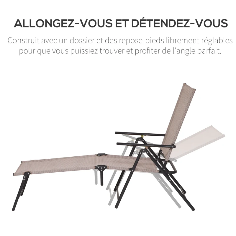 Outsunny Bain de Soleil Pliable transat inclinable 5 Positions Chaise Longue Grand Confort avec accoudoirs dim. 187,2L x 64,5l x 101H cm métal époxy textilène Sable
