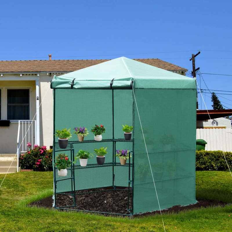Outsunny Gewächshaus Treibhaus mit Regalböden, Reißverschluss Tomatenhaus Pflanzenhaus Frühbeet, Metallrahmen, 228 x 196 x 215 cm, Grün