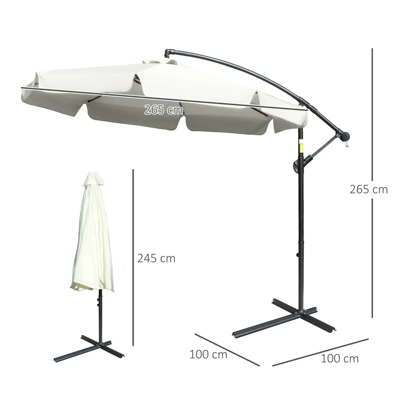 Outsunny 2.7m Garden Banana Parasol Cantilever Umbrella with Crank Handle and Cross Base for Outdoor, Hanging Sun Shade, Cream White