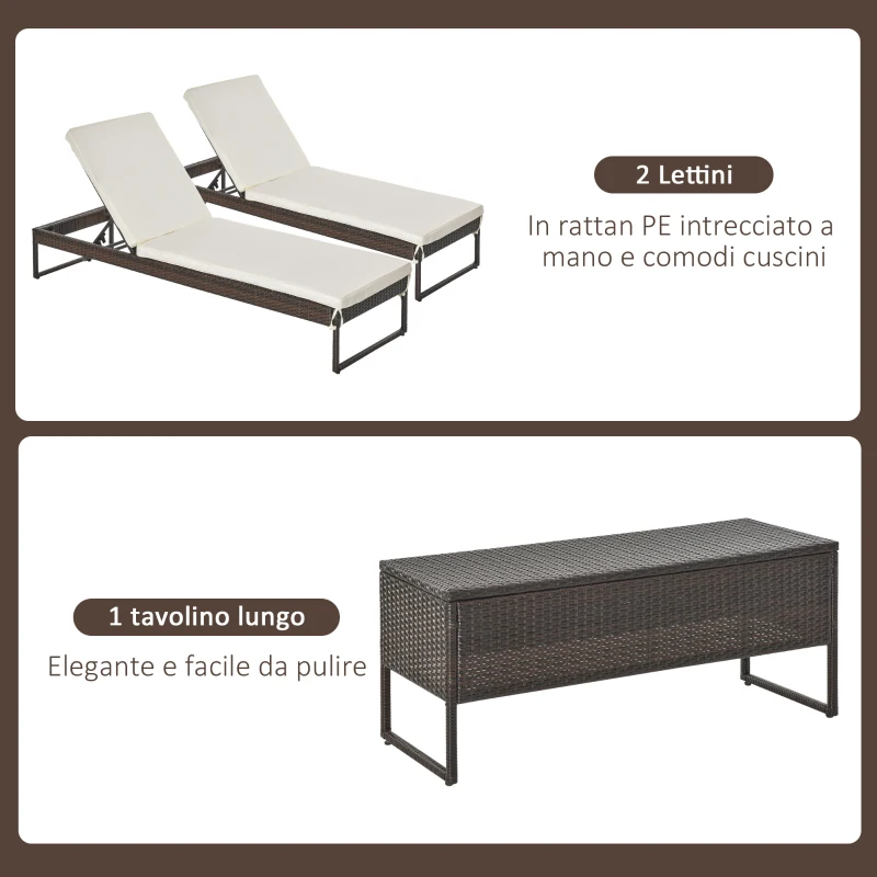 Outsunny 3pz Componibile 2 Lettino Prendisole da Giardino (60 x 195 x 86cm) e 1 Tavolino (121 x 40 x 50cm) Rattan con Materassini, Marrone e Bianco Crema