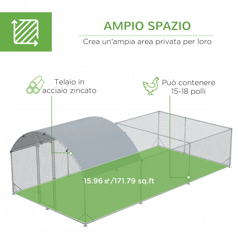 PawHut Recinto per Galline da Esterno in Acciaio con Telo di Copertura in PE Anti-UV, 570x280cm