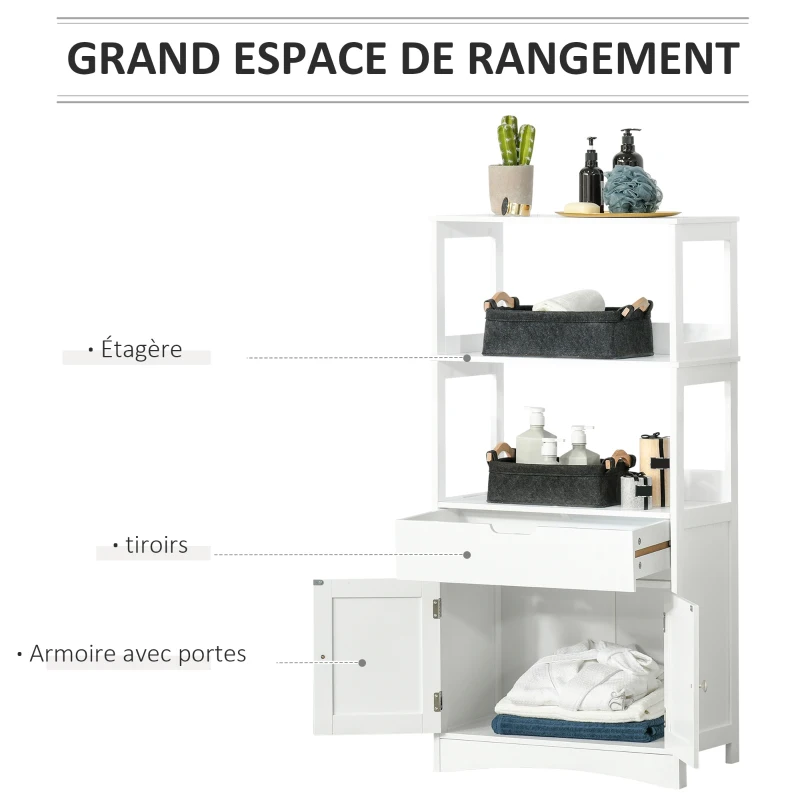kleankin Meuble de Rangement Salle de Bain - 2 Portes, tiroir, 3 étagères - dim. 60L x 33l x 122H cm - MDF Blanc