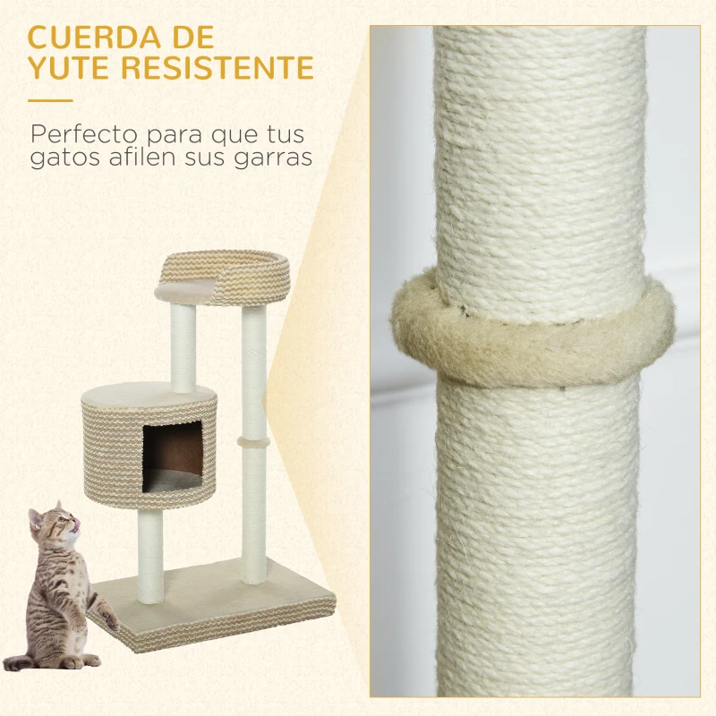 PawHut Árbol Rascador para Gatos Árbol de Actividades para Gatos con Cueva de Felpa Postes de Yute Plataforma Cómoda 61x41x96 cm Beige y Café
