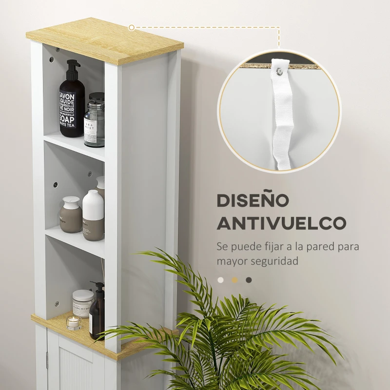 kleankin Columna de Baño Armario de Baño con Estantes Abiertos Puerta y Estante Ajustable Diseño Anti-vuelco 34x23x165 cm Blanco