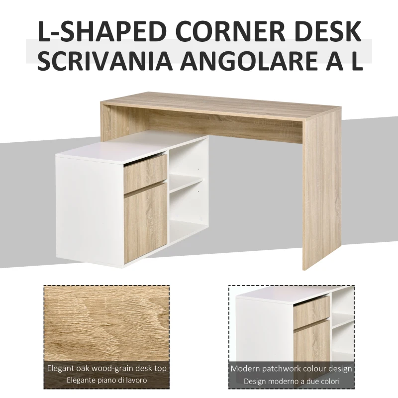 HOMCOM Scrivania Angolare, Scrivania ad Angolo per Computer da Camera o Ufficio, Scrivania Salvaspazio in Legno, Rovere e Bianco