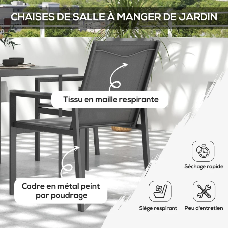 Outsunny Salon de jardin 5 pièces avec 1 table à manger et 4 chaises - plateau en verre trempé avec trou pour parasol gris