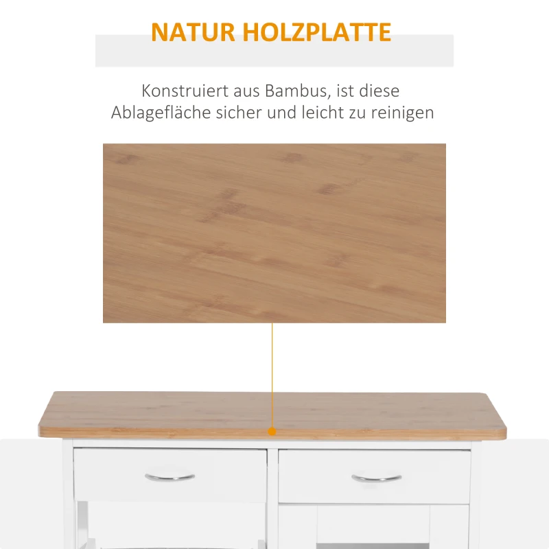 HOMCOM Küchenwagen, Servierwagen mit Tischplatte, Rollwagen, Beistellwagen mit Schubladen und Metallkörben, Küchentrolley, Küchenrollwagen, Holz, Weiß, 70 x 37 x 85 cm