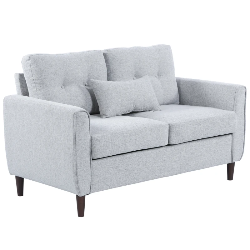 HOMCOM 2 Seater Sofa with Spring Cushion, Fabric Sofa with Wooden Legs, Modern Love Seat for Living Room, 140cm Width Tufted Couch for Bedroom, Light Grey