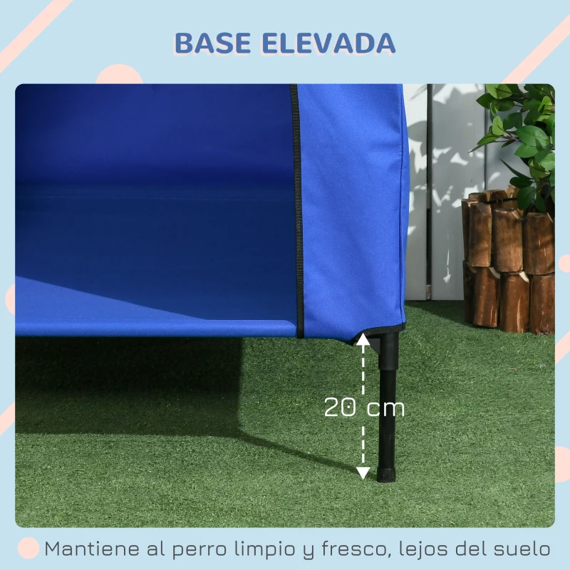 PawHut Caseta para Perros Grandes 130x85x121 cm Cama Elevada para Mascotas con Cubierta Desmontable y Ventanas de Malla Azul