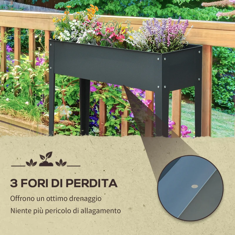 Outsunny Fioriera da Esterno Rialzata in Metallo con 3 Fori di Drenaggio, 100x30x80 cm, Grigio