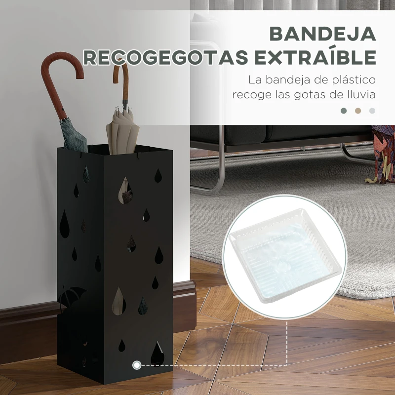 HOMCOM Paragüero Negro Paragüero de Acero con 4 Ganchos y Bandeja de Goteo Extraíble para Pasillo Entrada 15,5x15,5x41 cm