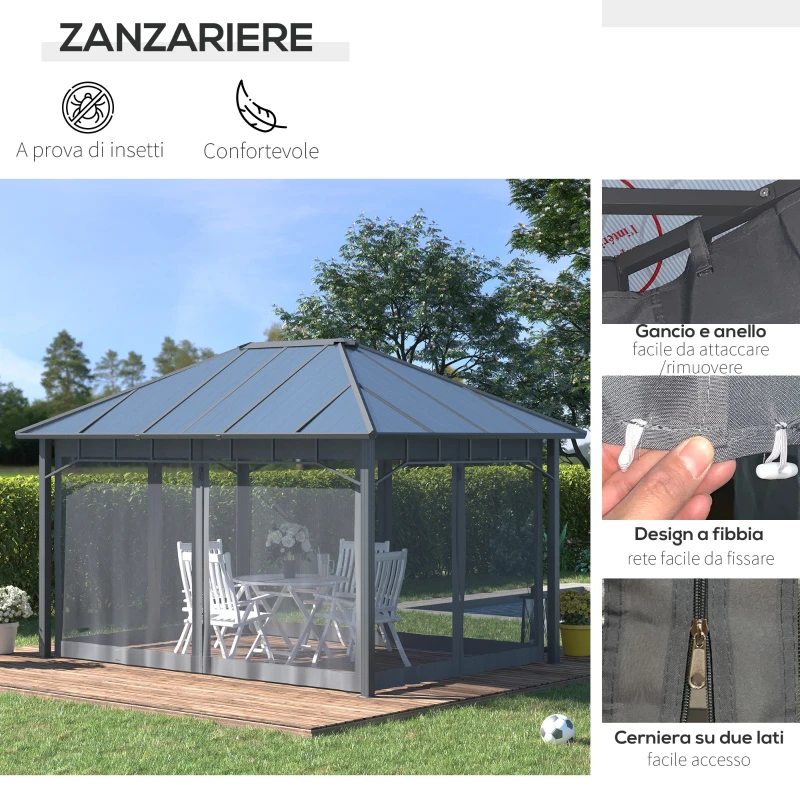 Outsunny Gazebo da Giardino 4x3m con Zanzariere e Tetto in Policarbonato, Grigio