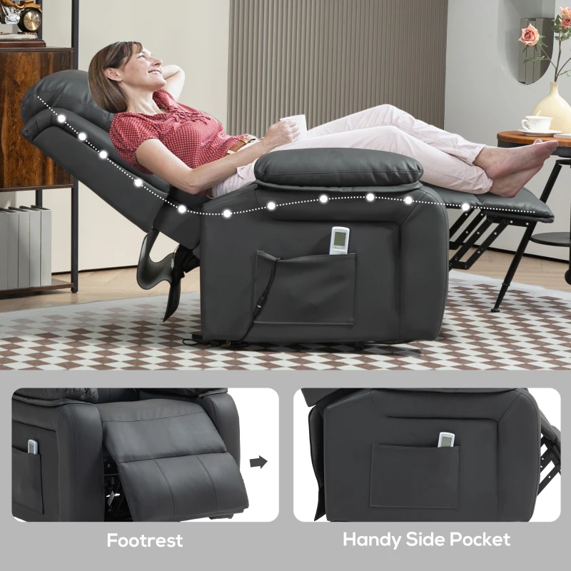 HOMCOM Riser and Recliner Chair with Massage, Power Lift Recliner Chair for Elderly with Remote Control, Extended Footrest, Dual Side Pockets, Overstuffed Electric Reclining Armchair, Dark Grey
