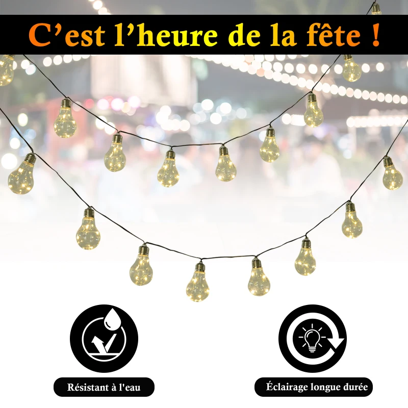 Outsunny Guirlandes lumineuses solaires extérieures - lot de 2 pièces - total 20 ampoules LED blanc chaud - longueur totale 7,6 m - norme IP44