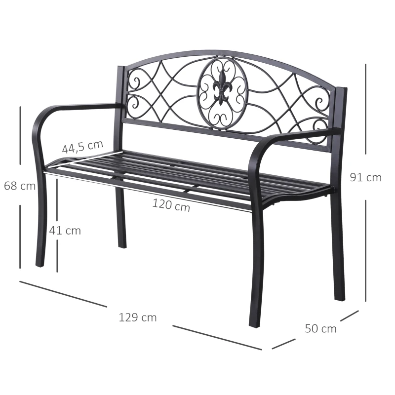 Outsunny 2-Sitzer Sitzbank Gartenbank mit Armlehnen Metallbank Bank Landhausstil Metall Schwarz 129 x 50 x 91 cm