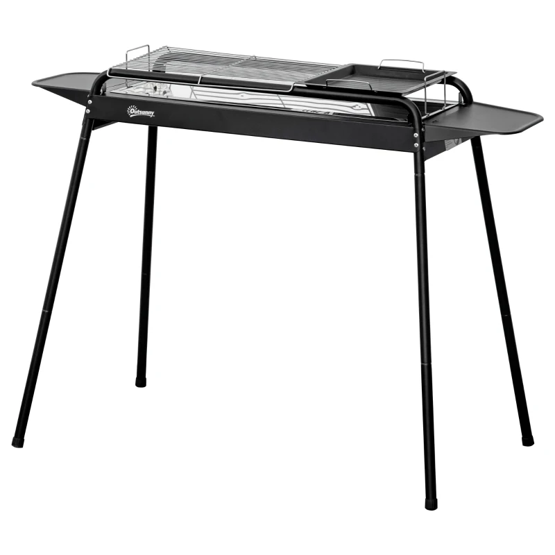 Outsunny Barbecue a Carbonella con Griglia e Piastra in Acciaio con Ripiani Laterali, 113x59x83.5cm, Nero