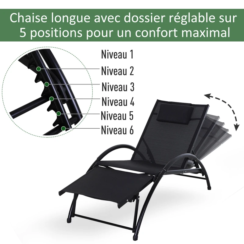 Outsunny Bain de Soleil transat Chaise Longue Fauteuil relax Jardin Design Contemporain inclinable Multi-Positions Repose-Pied réglable tétière icluse alu textilène Noir