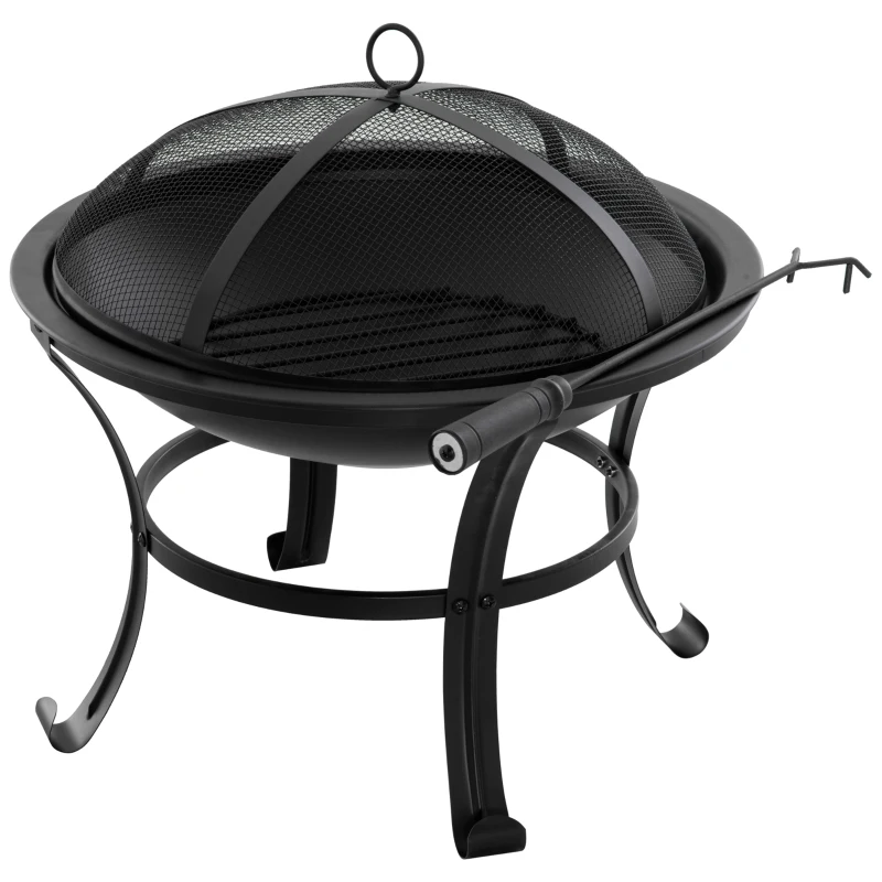 Outsunny Brasero Exterior de Metal Ø56 cm Cuenco de Fuego de Jardín con Tapa Protectora contra Chispas y Atizador para Hogueras Leñas Terraza Camping Fiestas Negro