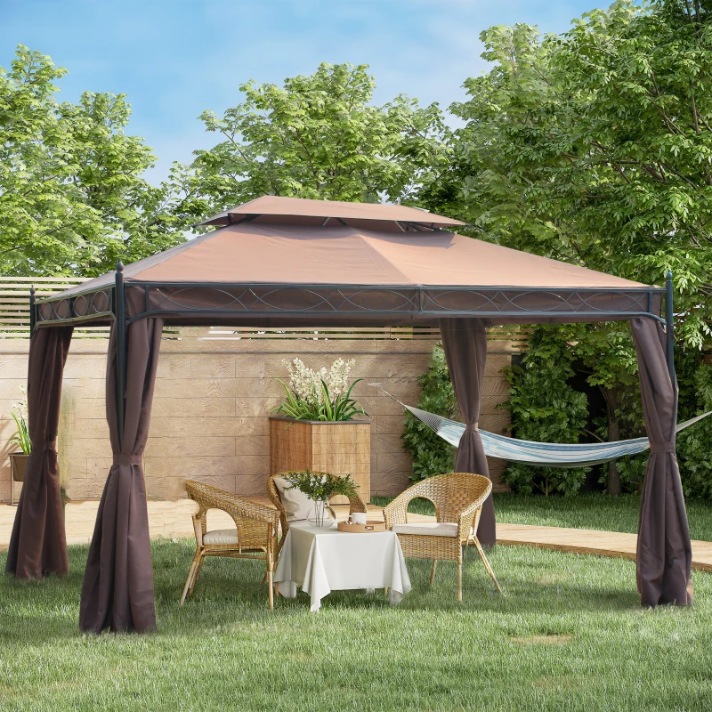 Outsunny 3 x 4m Garden Gazebo, Double Roof Marquee Canopy Shelter with Sidewalls, Solid Steel Frame for Garden, Lawn, Backyard and Deck