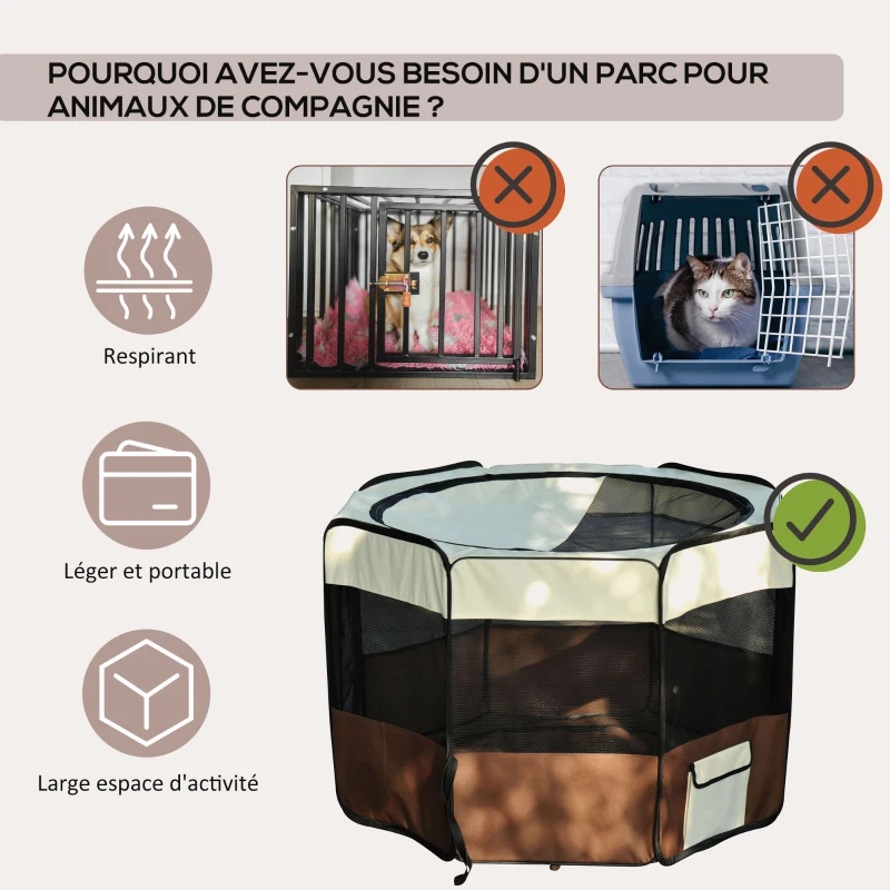 PawHut Parc enclos pliable pour chien chat petits animaux octogonal en tissu Oxford et acier Ø 90 x 41H cm marron beige