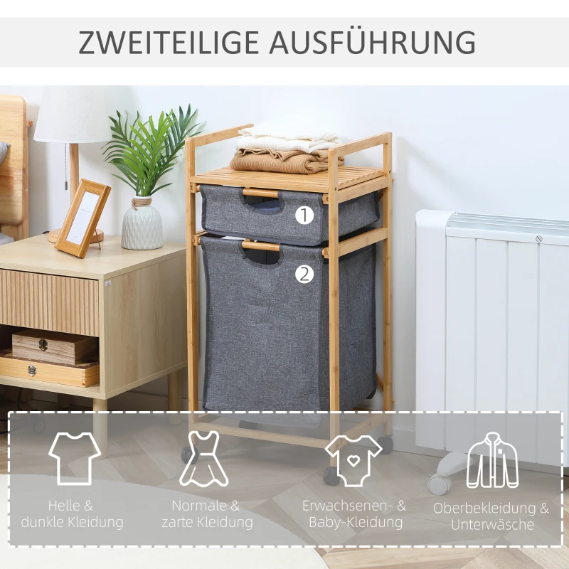 HOMCOM Wäschekorb 1 Schublade, 1 abnehmbarer Wäschekorb, 4 Räder 42 cm x 35 cm x 84,5 cm , Bambus, Natur + Grau