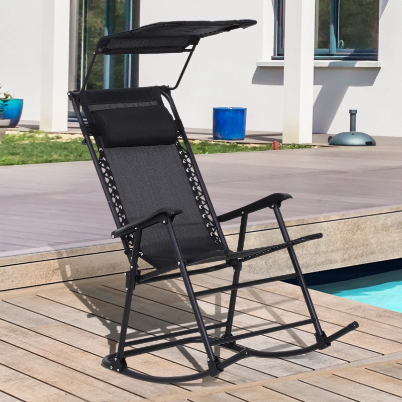 Outsunny Sedia a Dondolo da Giardino Ergonomica, Sdraio da Esterno Pieghevole con Tettuccio Rimovibile in Acciaio e Texteline 105 x 64 x 125cm, Nero