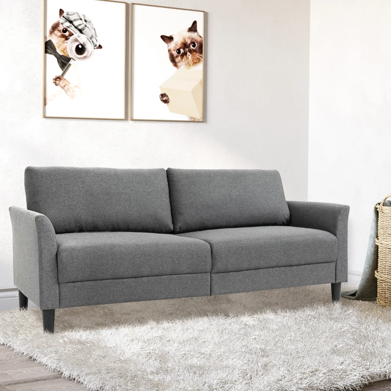 HOMCOM Divano 3 Posti Economico per Casa e Ufficio con 4 Gambe in Metallo, Divano con Braccioli Imbottiti, Tessuto Effetto Lino, Grigio