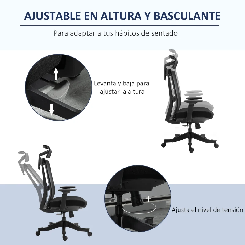 Vinsetto Silla de Malla Giratoria y Reclinable con Altura Ajustable Reposabrazos Reposacabezas y Soporte Lumbar Regulable Negro