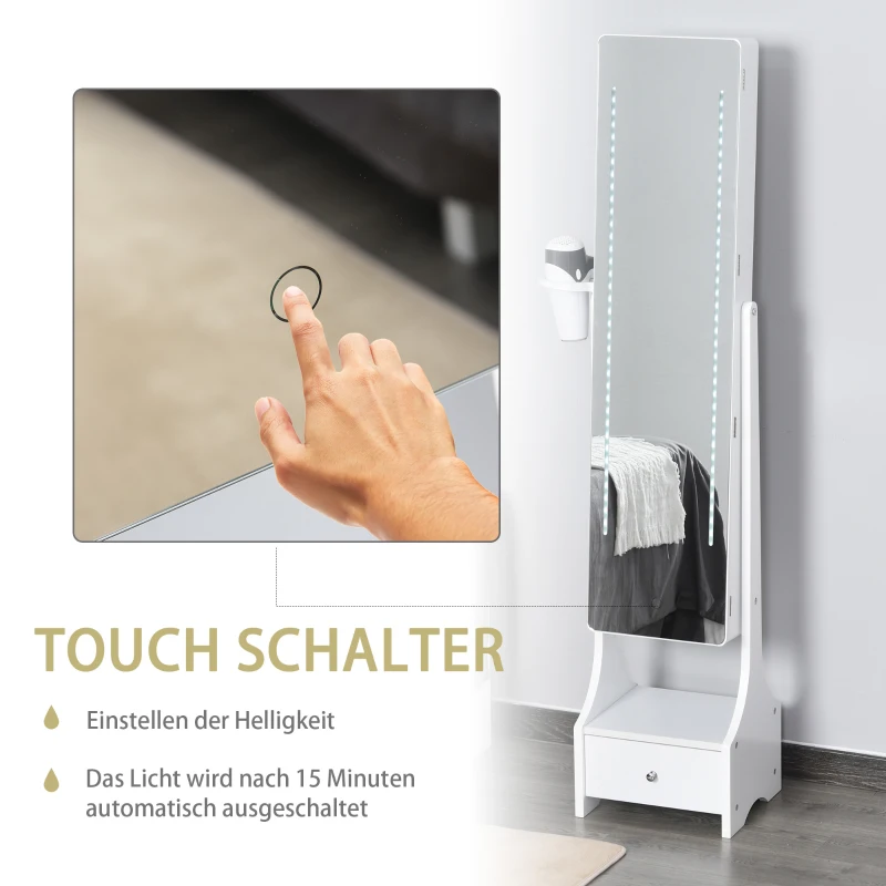 HOMCOM LED Schmuckschrank 2 in 1 Schmuckregal Spiegelschrank mit Schublade MDF Weiß 37 x 30 x 158 cm