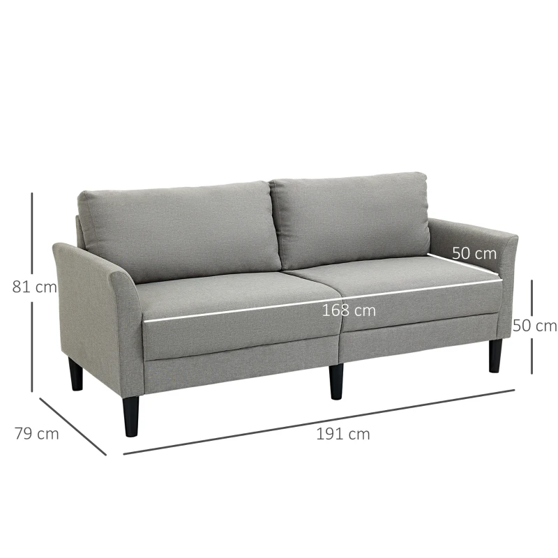 HOMCOM Canapé 3 Places Style Contemporain assises Larges Profondes accoudoirs courbés piètement effilé Bois hévéa Noir Polyester Gris Clair